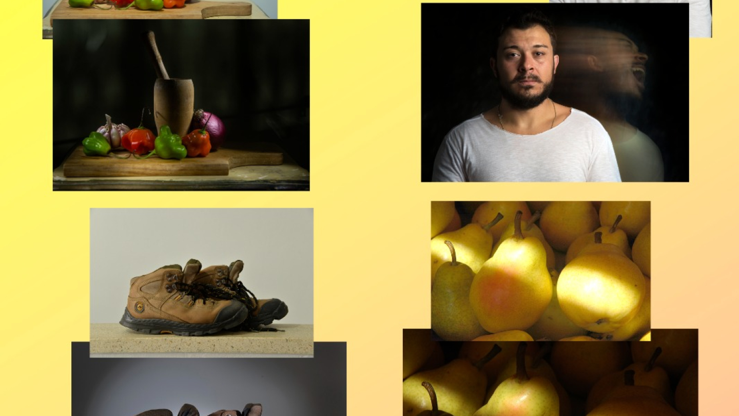 Colagem de fotografias explorando luz e sombra, incluindo naturezas-mortas de objetos, frutas, além de retratos de um homem