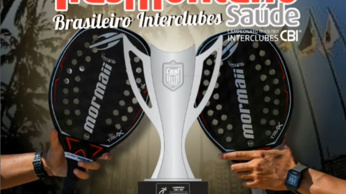 Pôster sobre as Finais CBI-BT 2025 do Brasileiro Interclubes de Beach Tennis - Transmontano Saúde, apresentando um troféu prateado em destaque ladeado por duas raquetes de Beach Tennis, de 5 a 7 de dezembro