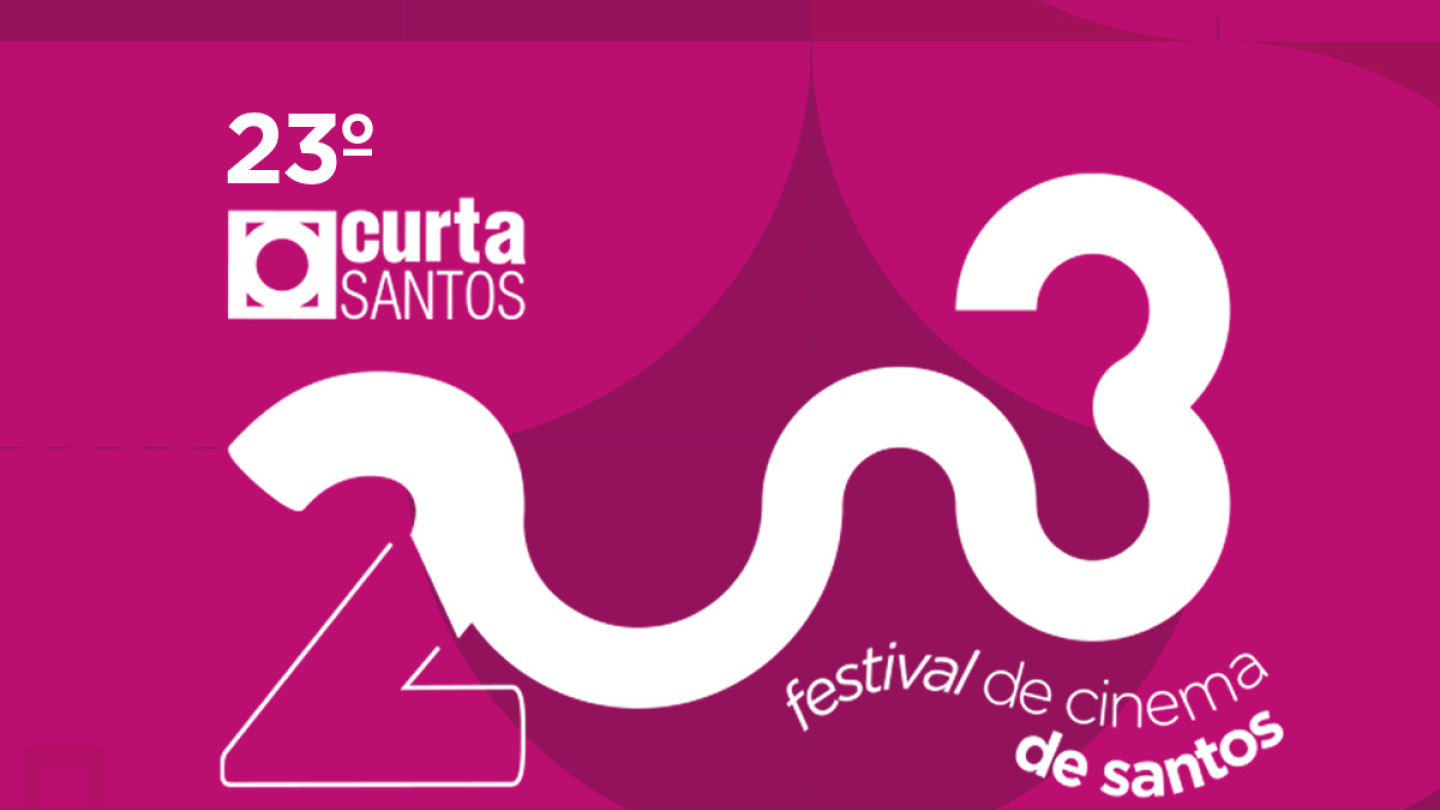Cartaz do 23º Curta Santos 2025, de 5 a 9 de novembro, com fundo magenta e letras brancas