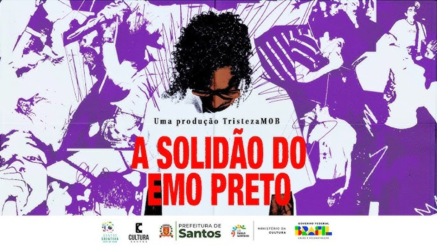 Uma imagem com estética de pôster, predominantemente nas cores preto e roxo, apresenta o título "A SOLIDÃO DO EMO PRETO" centralizado, com um artista de cabelo crespo ao centro