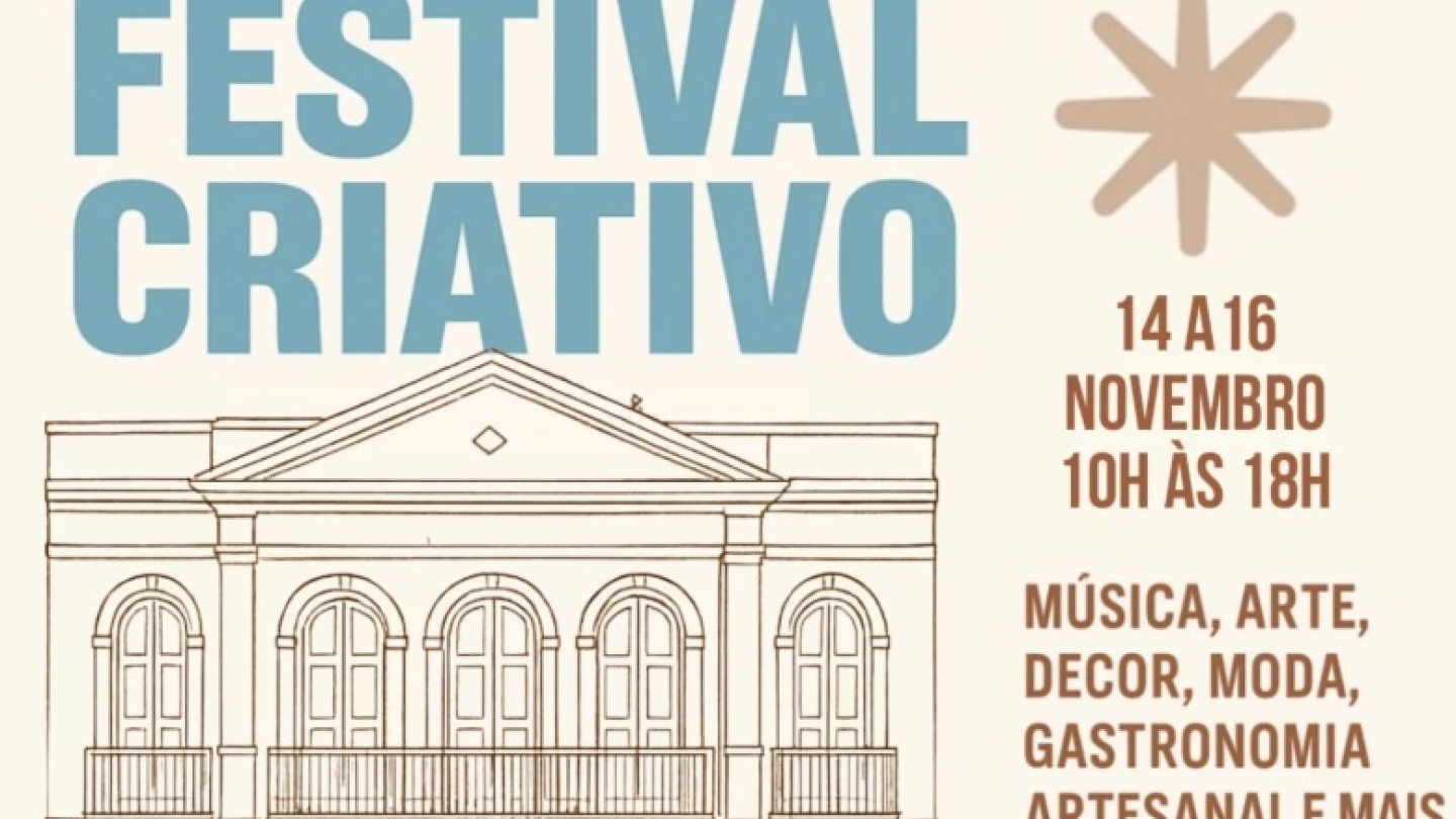 Cartaz digital que anuncia o 'Festival Criativo', de 14 a 16 de Novembro, na Casa da Frontaria Azulejada em Santos
