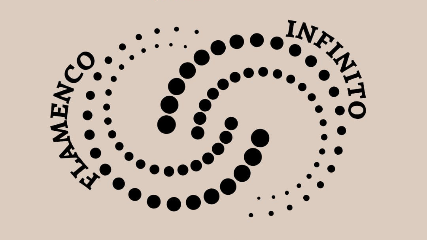 Cartaz do espetáculo de dança 'Flamenco Infinito', com círculos pretos posicionados no formato do símbolo do infinito, num fundo rosê