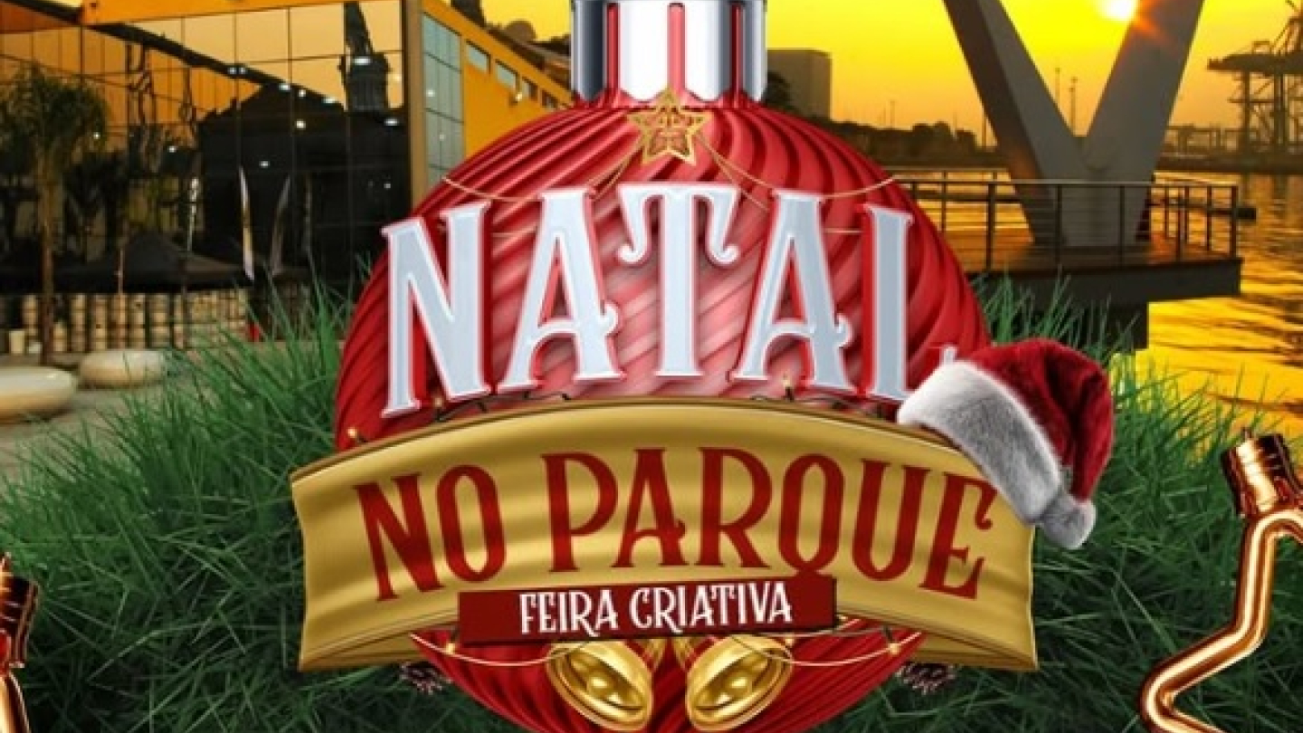 Card promocional do evento “Natal no Parque – Feira Criativa”, destacando data 29 e 30 de novembro, das 11h às 19h, no Parque Valongo, em Santos