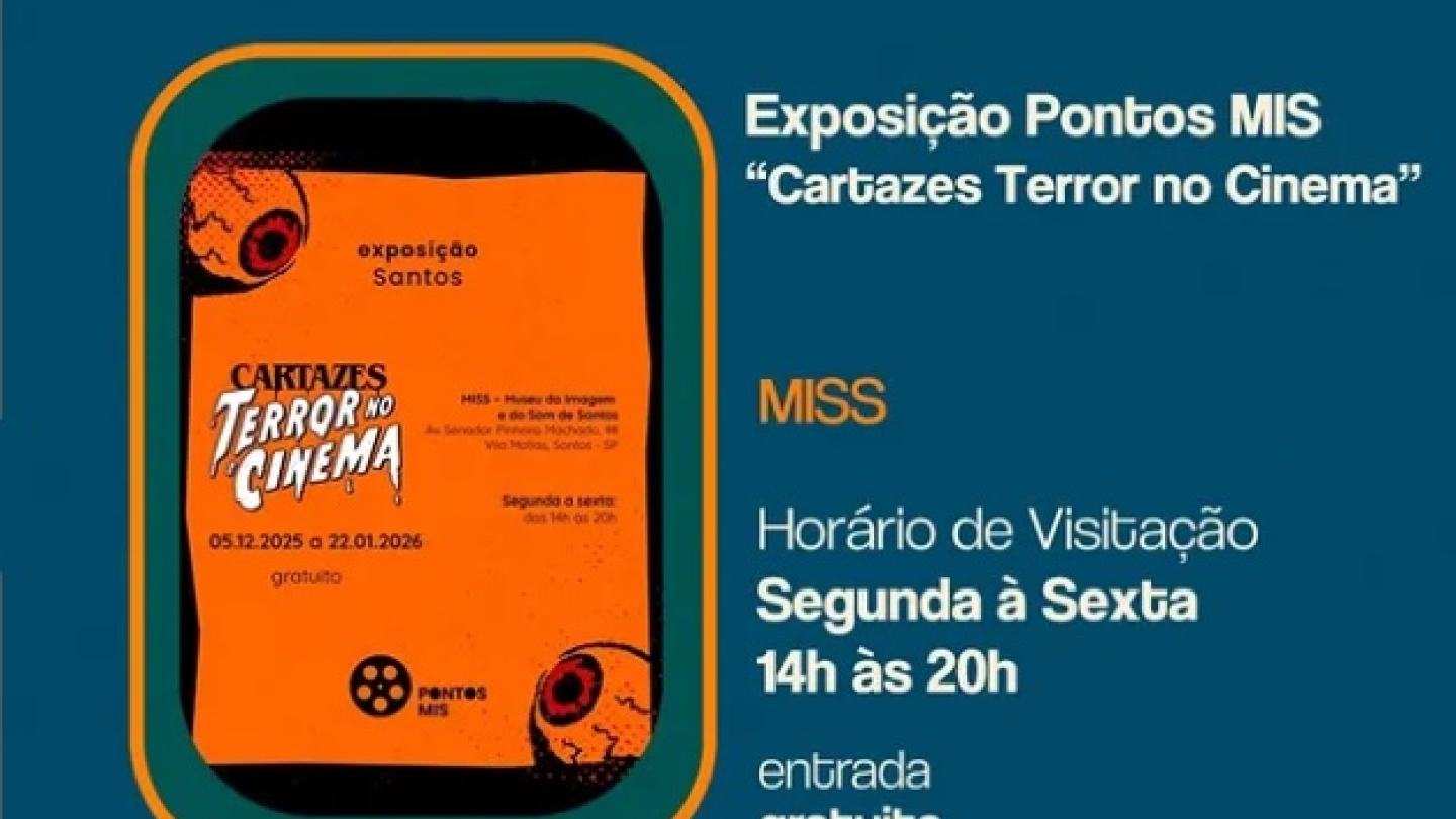 A imagem é um cartaz de divulgação da Exposição Pontos MIS "Cartazes Terror no Cinema", que ocorrerá de 05 de Dezembro a 22 de Janeiro, com entrada gratuita