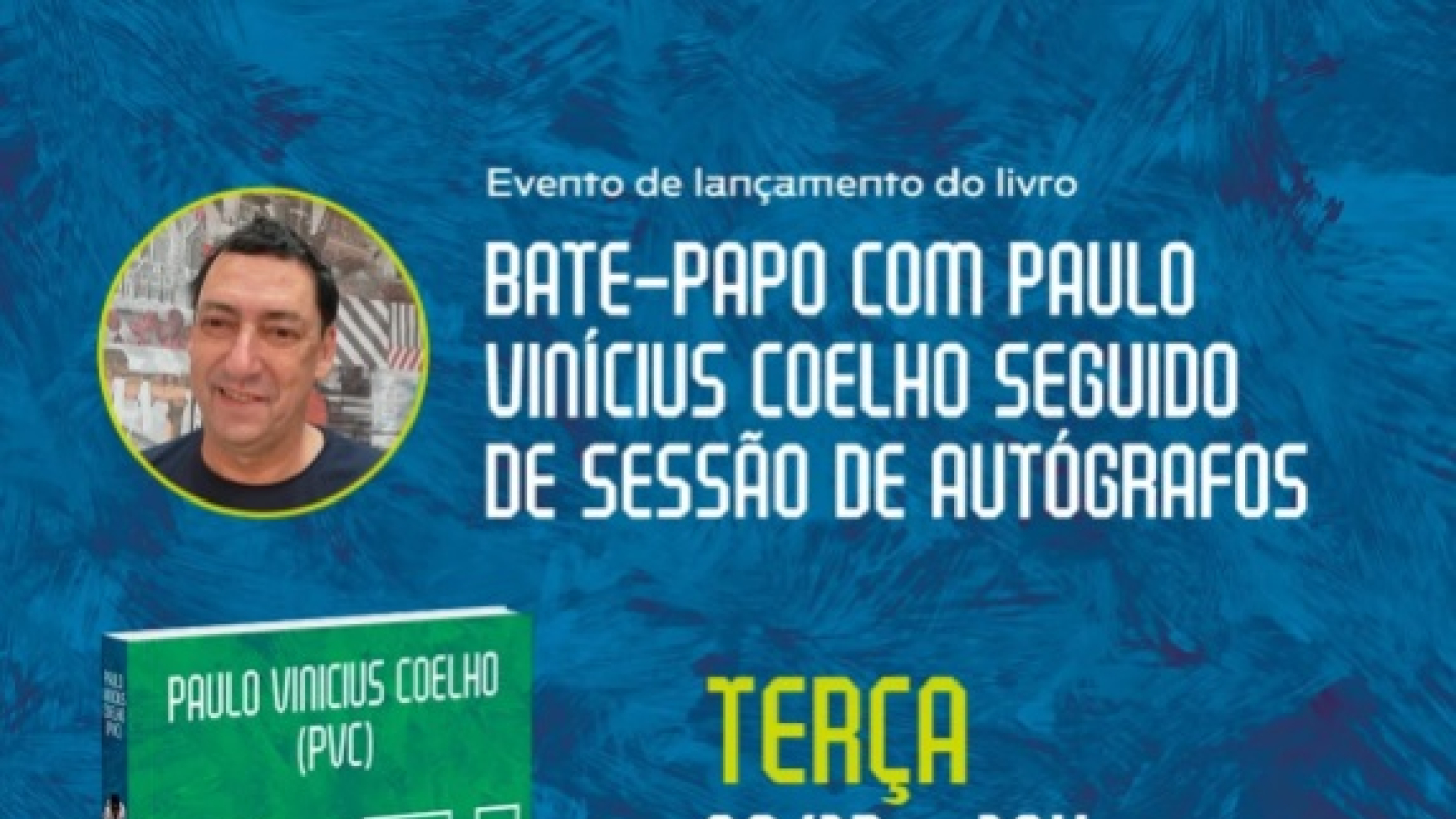 A imagem é um cartaz de divulgação de um evento de lançamento de livro com Paulo Vinícius Coelho (PVC), apresentando uma sessão de bate-papo e autógrafos do seu livro "REI" no Museu Pelé em Santos, no dia 9 de dezembro