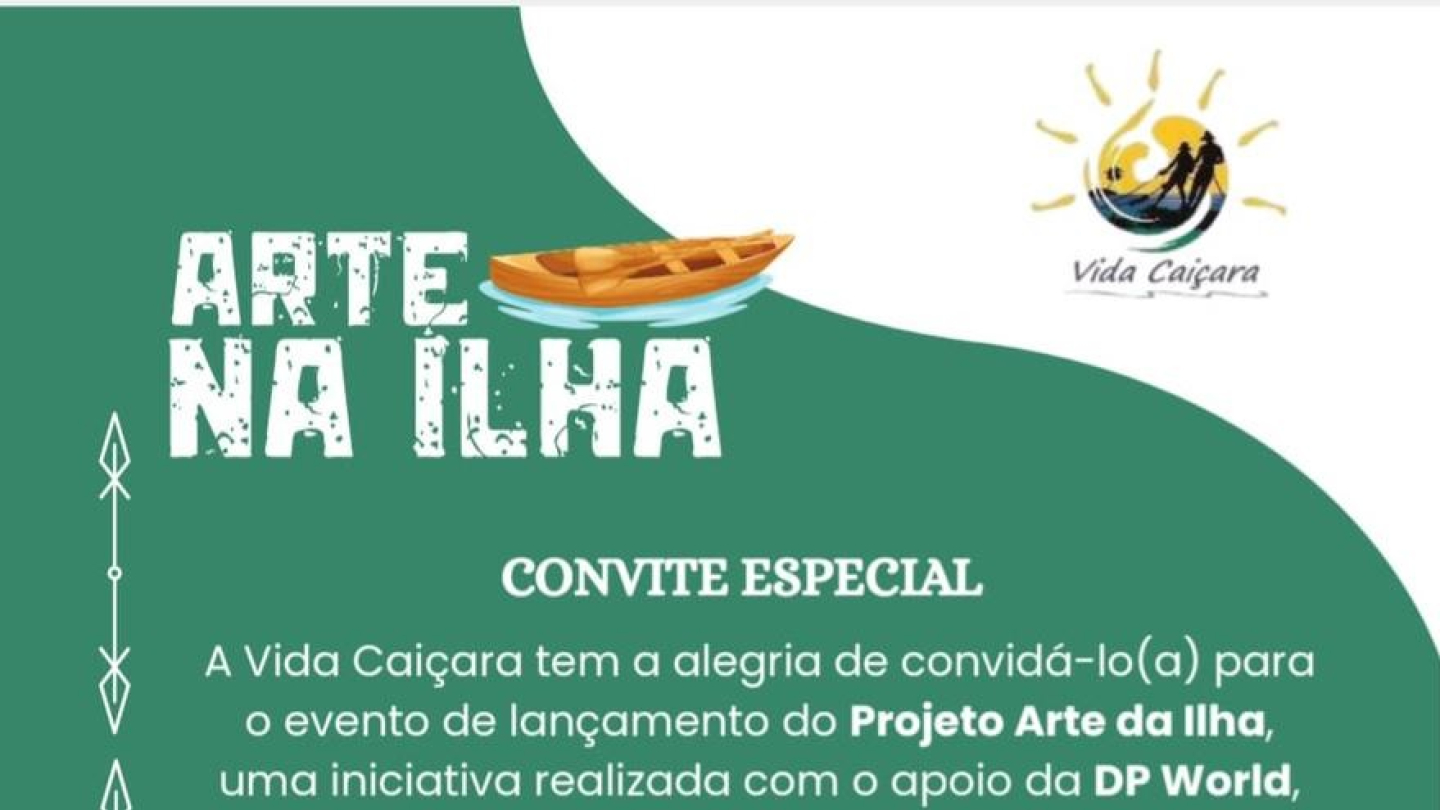 Cartaz/convite do projeto 'ARTE NA ILHA - Vida Caiçara', dia 11 de dezembro na Ilha Diana, Santos, com ilustração de uma canoa num fundo verde