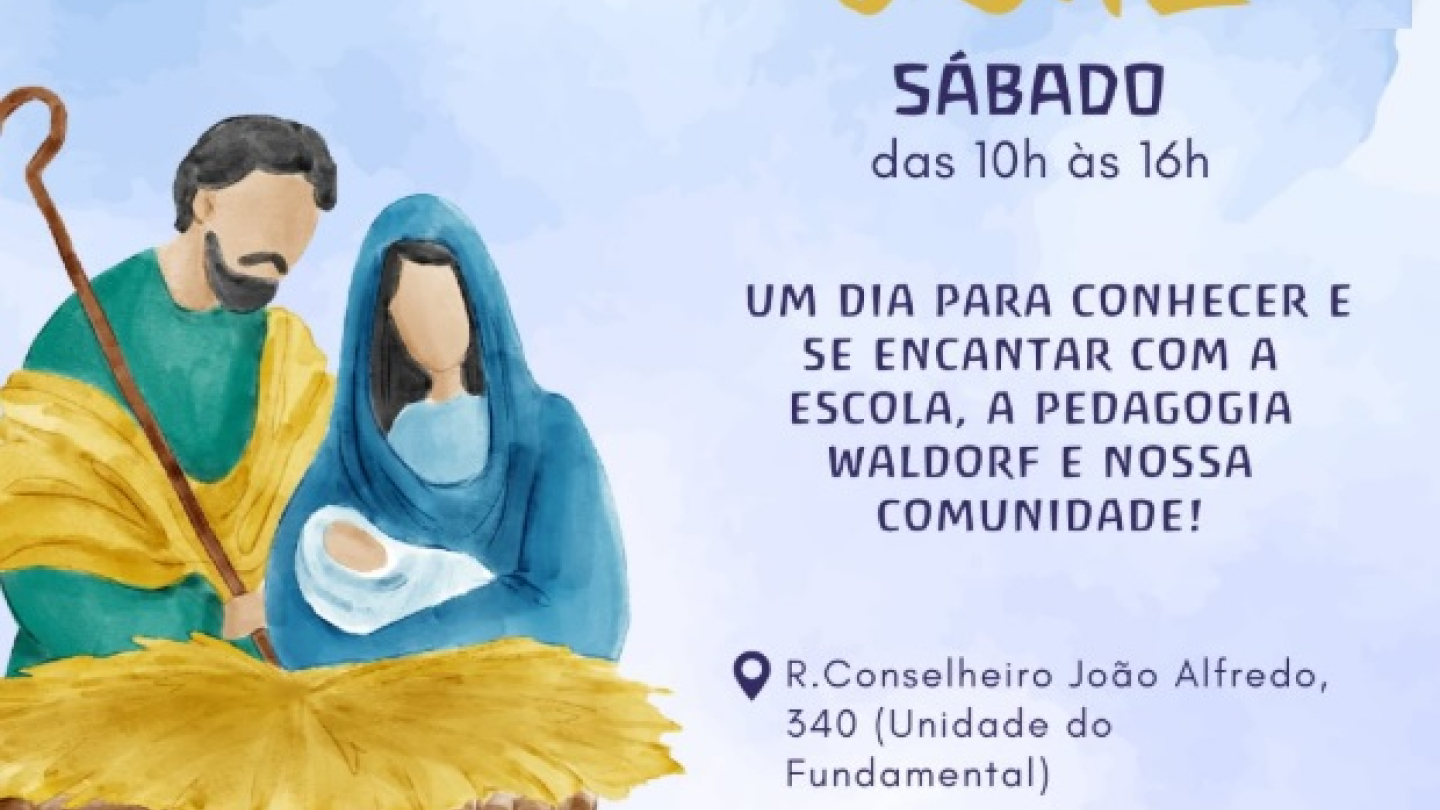 O pôster em aquarela, com fundo de céu azul e estrelas amarelas, anuncia a Exposição Pedagógica e BAZAR de Natal 2025 da escola Waldorf para o dia 06/12 (Sábado), das 10h às 16h, na Rua Conselheiro João Alfredo, 340, ilustrado por uma cena do presépio (José e Maria com o menino Jesus)