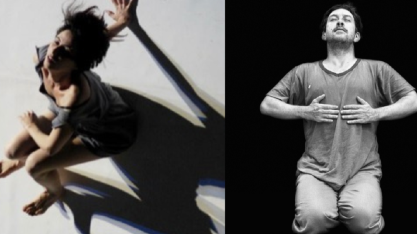 A imagem é um díptico de dois artistas performáticos, mostrando à esquerda uma mulher com cabelo escuro flutuando no ar com uma sombra alongada em uma foto colorida tirada de cima, e à direita, um homem de camiseta e calça, ajoelhado, com as mãos sobre o estômago, olhando para cima em uma foto em preto e branco