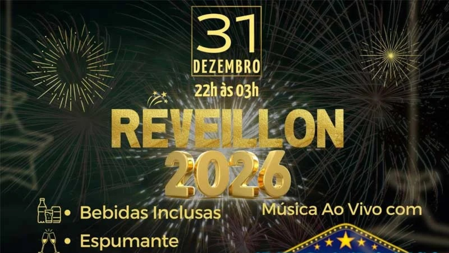 O pôster de Réveillon 2026, com tema de fogos de artifício em fundo escuro, anuncia uma festa no Clube de Regatas Vasco da Gama Santos no dia 31 de dezembro