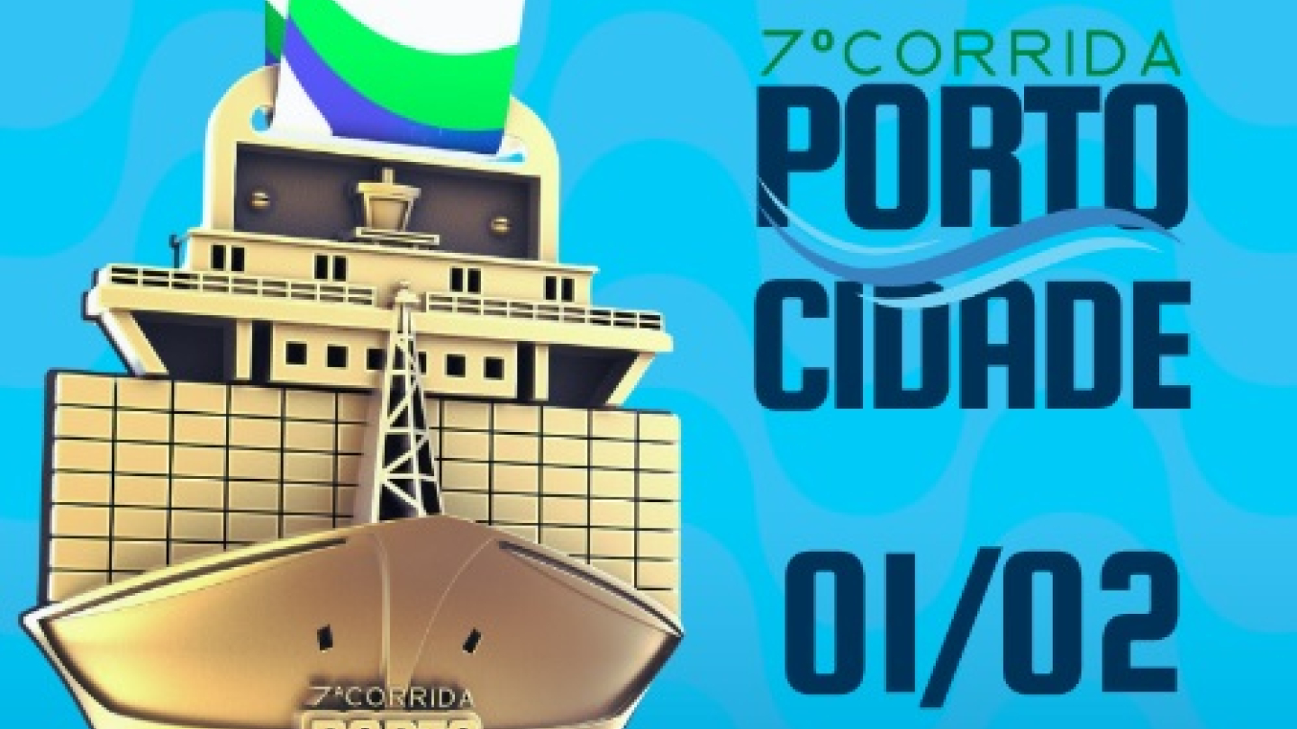 Imagem promocional da 7ª Corrida Porto-Cidade, apresentando uma medalha dourada em formato de navio cargueiro sobre um fundo azul, anunciando o evento de 6km para o dia 1/2