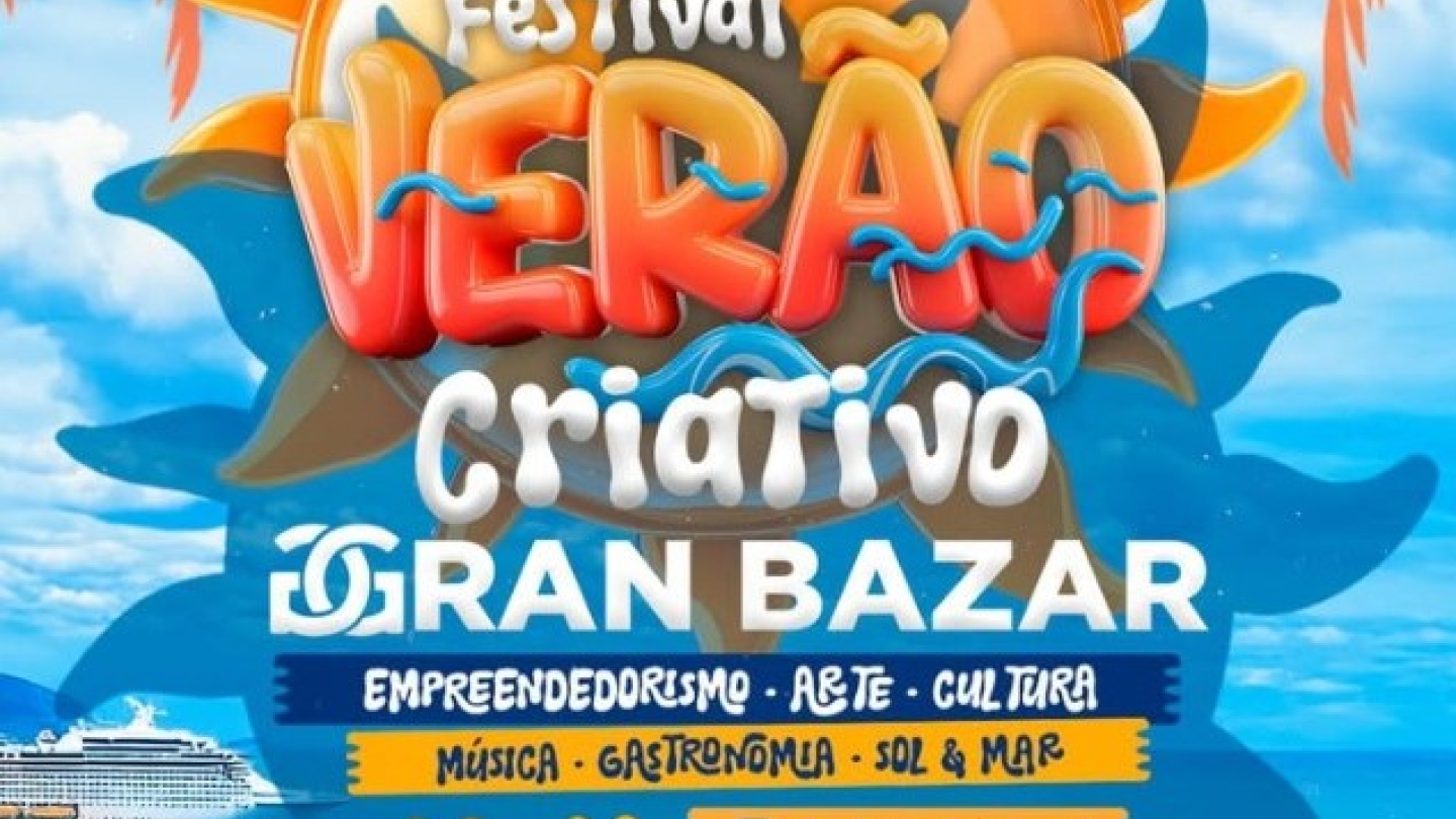 Esta imagem é um cartaz publicitário vibrante para o Festival Verão Criativo - Gran Bazar, que ocorrerá em Santos