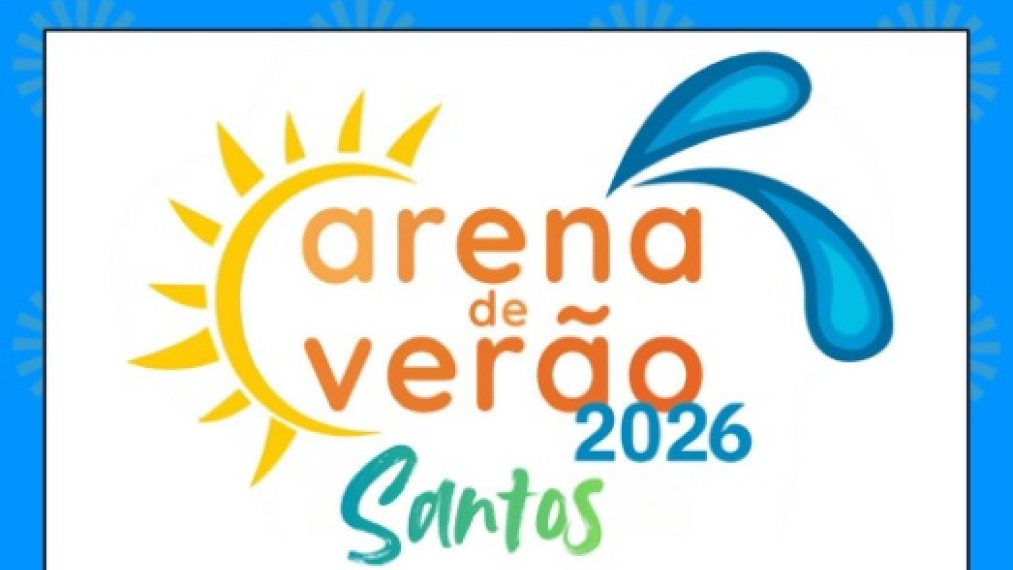 Cartaz publicitário da Arena de Verão 2026 em Santos, que oferece programação com entrada gratuita na Praia do Canal 2, aos fins de semana, de 17 de janeiro a 17 de fevereiro