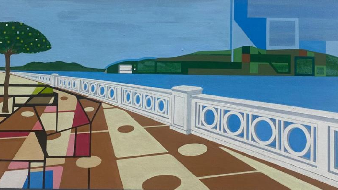 Arte que representa a orla de santos com a mureta e piso característico