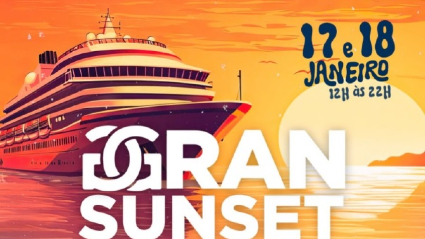 Arte promocional do Gran Sunset – Feira Criativa de Verão, mostrando estandes ao ar livre na Praça do Aquário, com navio ao fundo e clima de pôr do sol