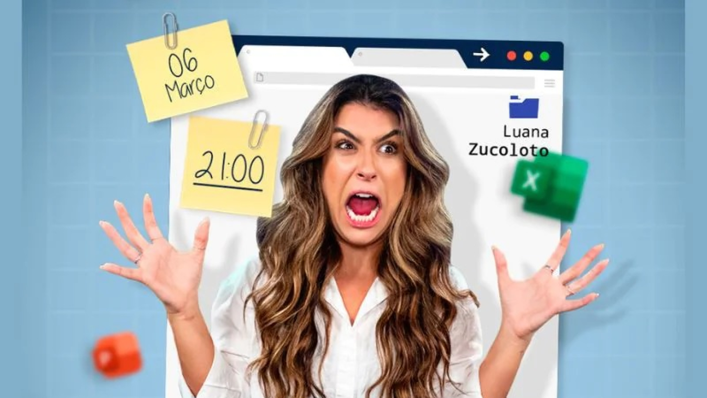 Cartaz de um show de comédia de Luana Zucoloto, com estética de interface de computador, onde a artista aparece gritando sob o título "Esse show poderia SER UM E-MAIL"