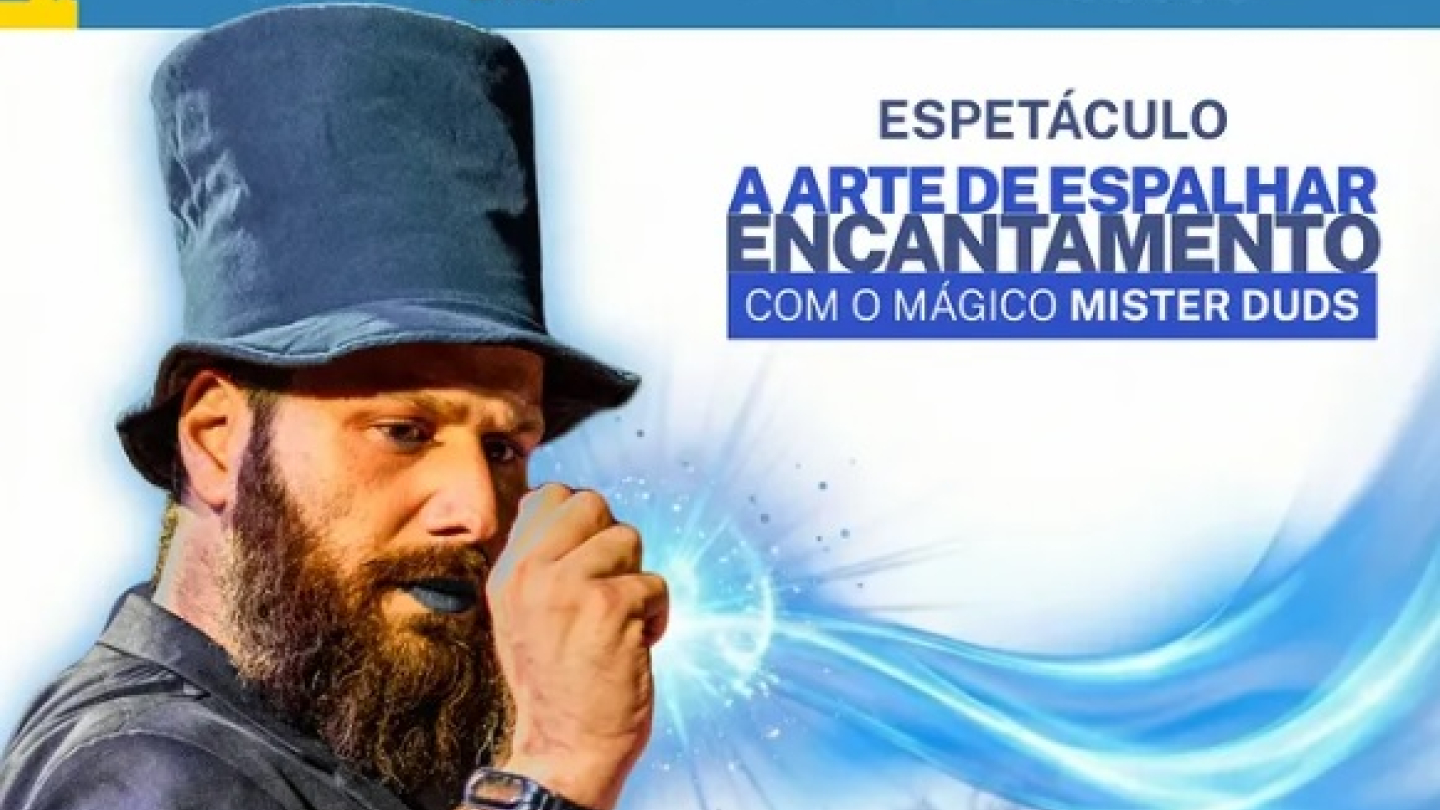 Cartaz promocional do evento "Santos Verão 2026" anunciando o espetáculo de mágica do artista Mister Duds para o dia 11 de janeiro