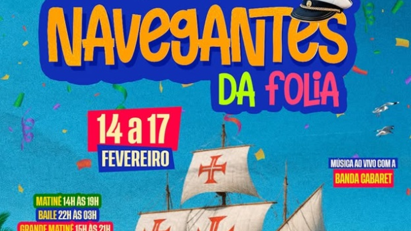 Cartaz de Carnaval do evento "Navegantes da Folia", realizado pelo Clube de Regatas Vasco da Gama em Santos, apresentando uma caravela em alto-mar sob um céu ensolarado e festivo