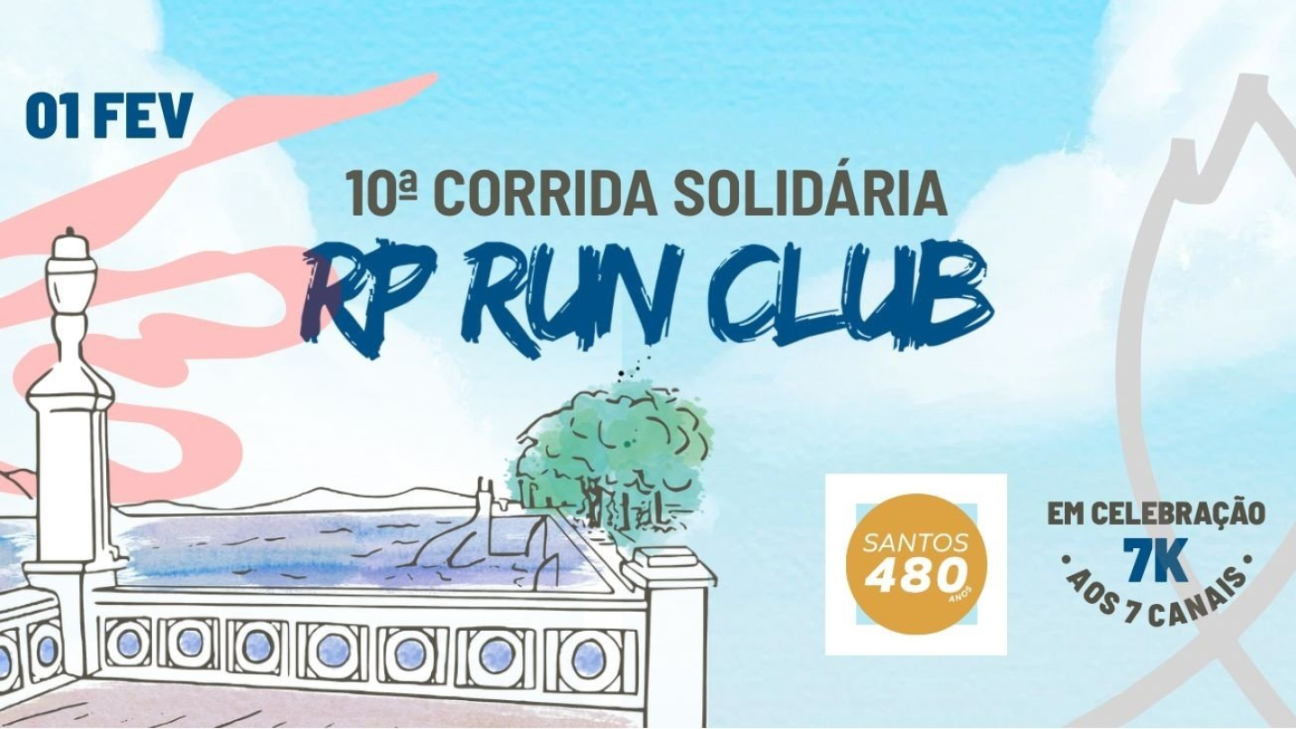 Cartaz ilustrado em tons de azul e rosa da 10ª Corrida Solidária RP Run Club, que acontecerá no dia 1º de fevereiro em celebração aos 480 anos de Santos