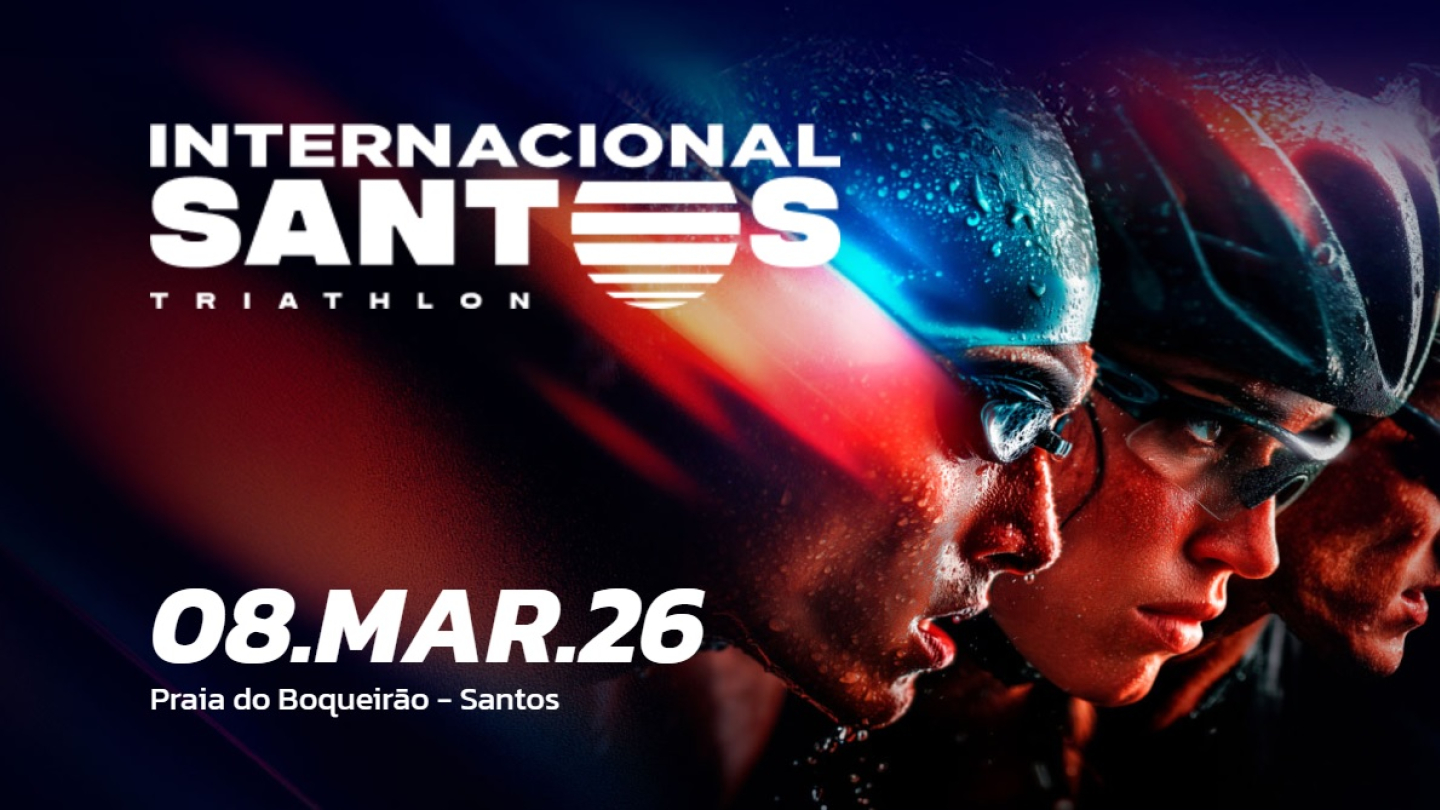 Este é um cartaz dinâmico do 34º Triathlon Internacional de Santos, que será realizado em 08 de março de 2026 na Praia do Boqueirão