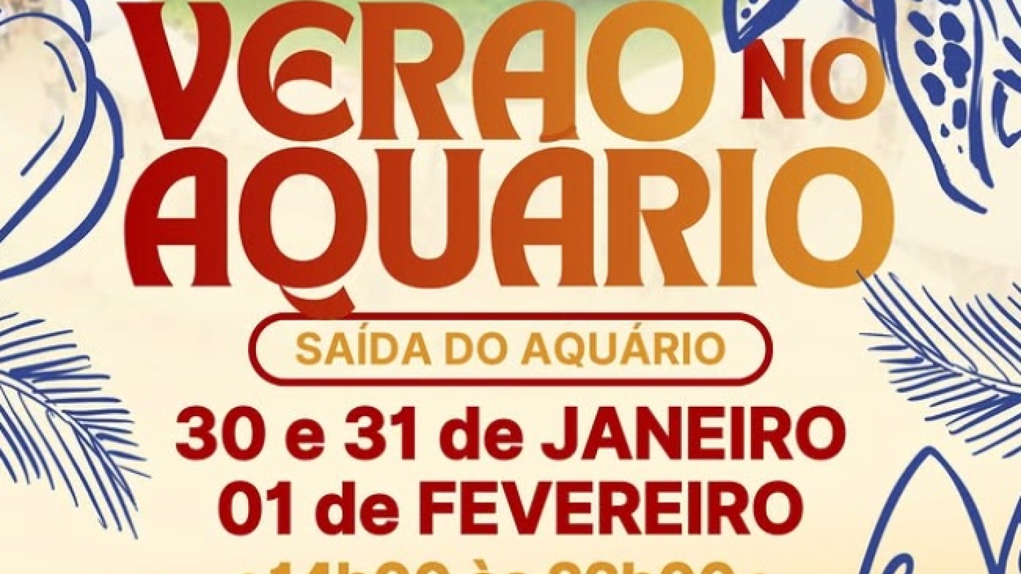 Cartaz informativo do evento Verão no Aquário, que será realizado na saída do Aquário Municipal de Santos entre os dias 30 de janeiro e 1º de fevereiro, das 14h às 22h