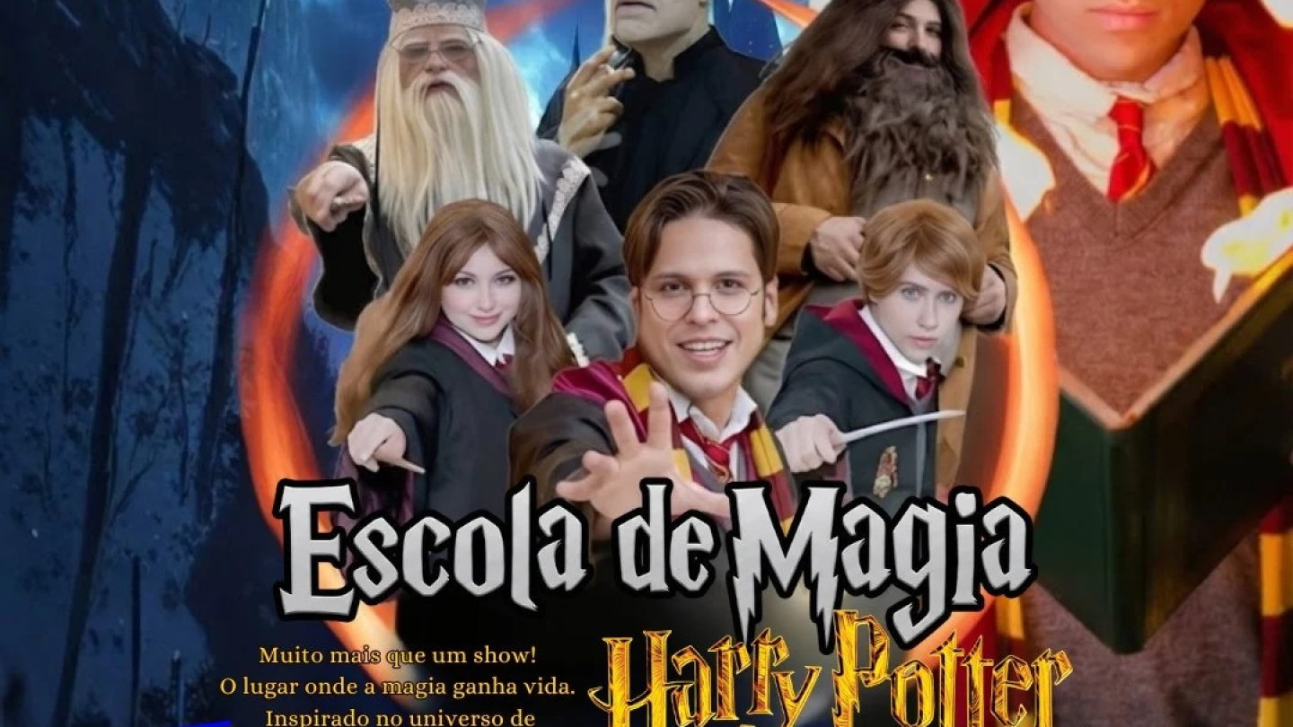 Cartaz do espetáculo teatral "Escola de Magia: Harry Potter", apresentando personagens icônicos da franquia e informações sobre a apresentação única no Teatro Guarany, em Santos, no dia 21 de abril