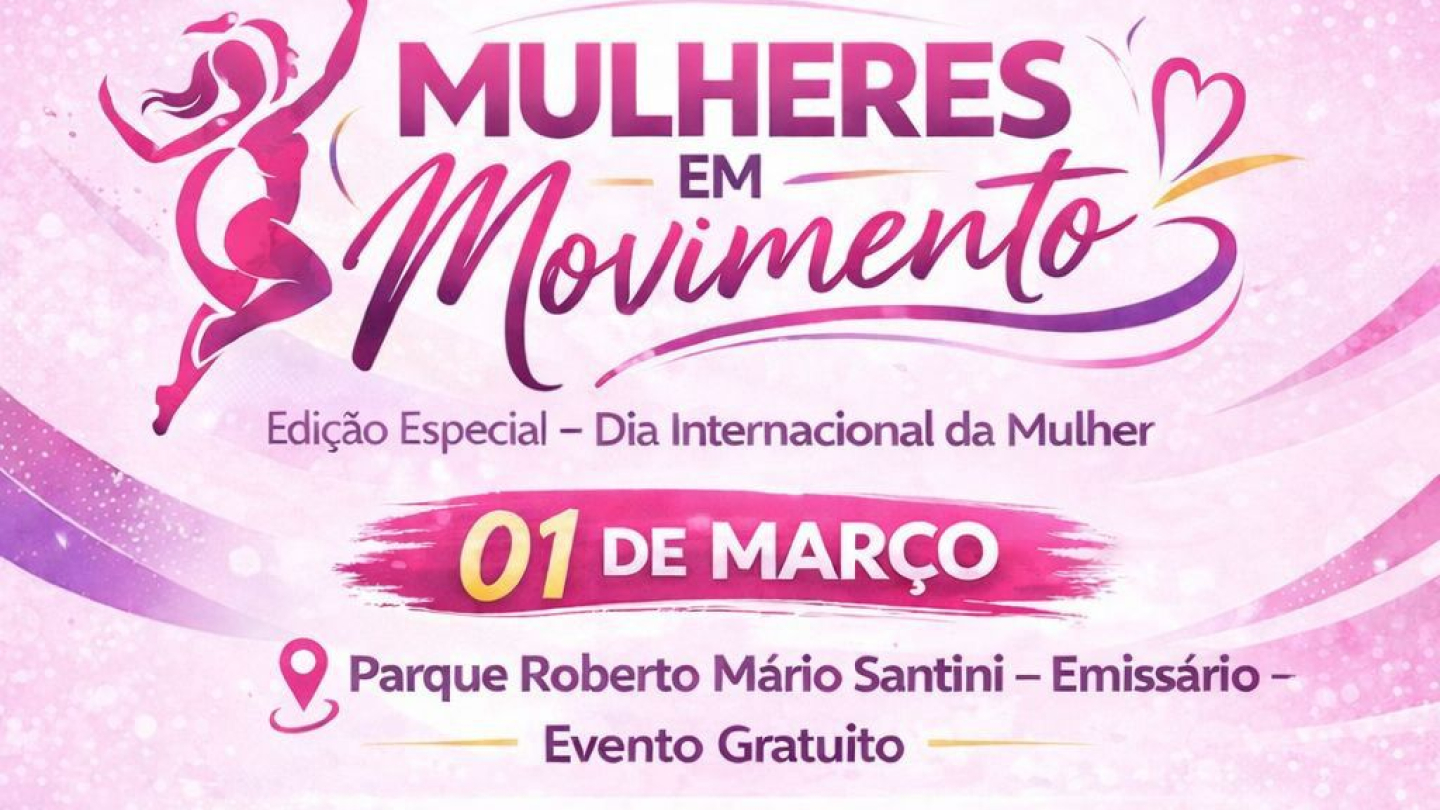 O cartaz em tons de rosa anuncia o evento "Mulheres em Movimento" em Santos, apresentando a programação de ginástica e dança com fotos de pessoas praticando exercícios e elementos esportivos