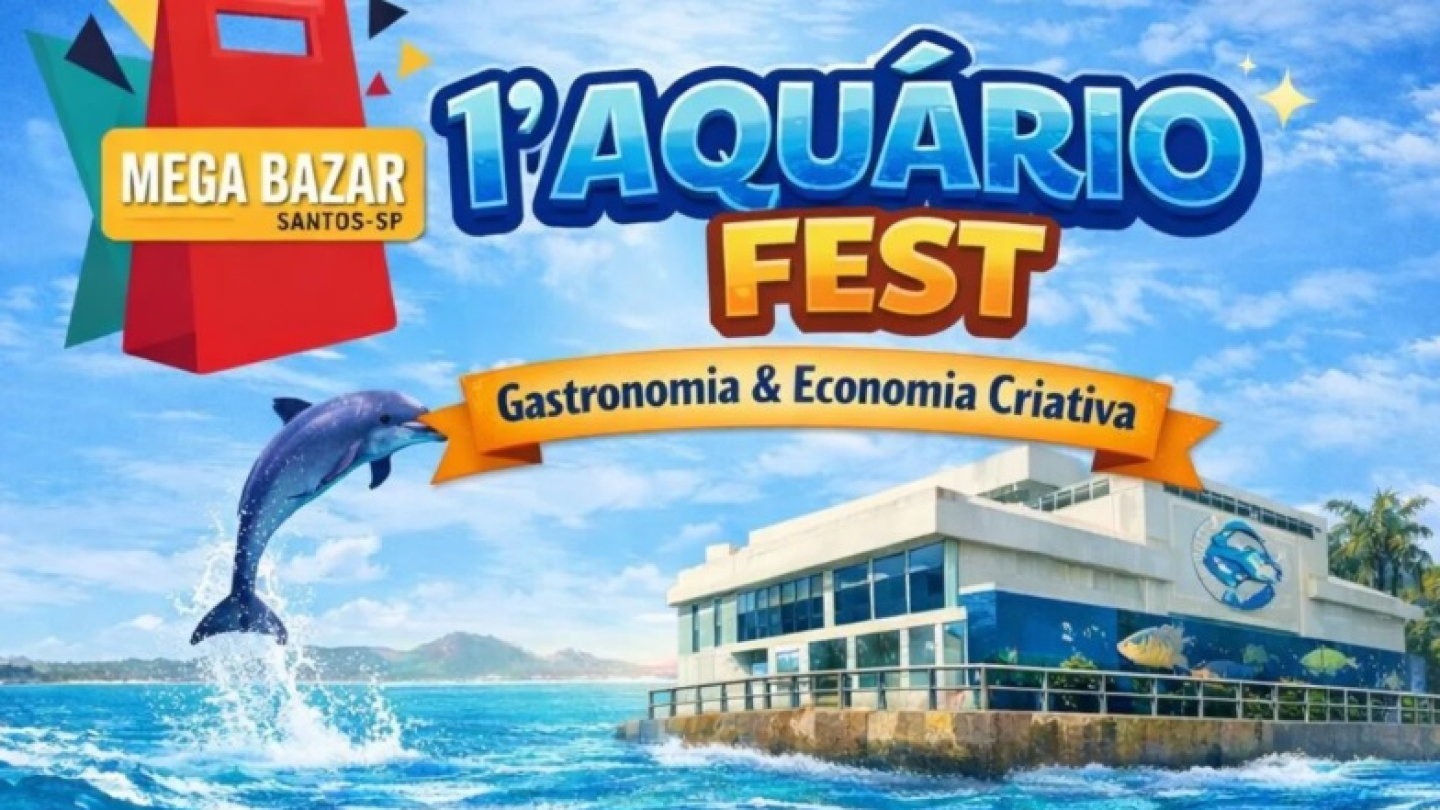 Cartaz promocional do evento "1º Aquário Fest" em Santos, destacando gastronomia e economia criativa nos dias 28 e 29 de março, ao lado do Aquário Municipal