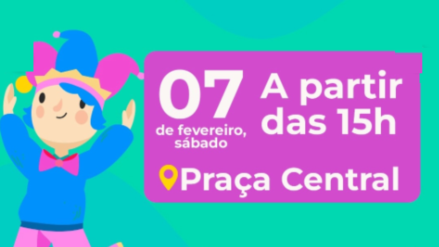 Um cartaz ilustrado e colorido convida para o evento "CarnaKids", apresentando a imagem de um bobo da corte saltitante e as informações de data e local