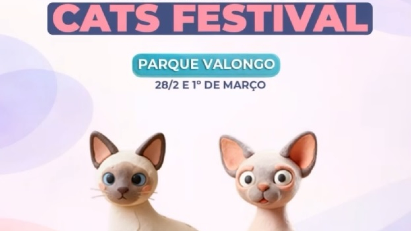 Cartaz promocional do Cats Festival no Parque Valongo, nos dias 28 de fevereiro e 1º de março, apresentando ilustrações estilizadas de um gato Siamês e um Sphynx sobre um fundo suave em tons de rosa e roxo
