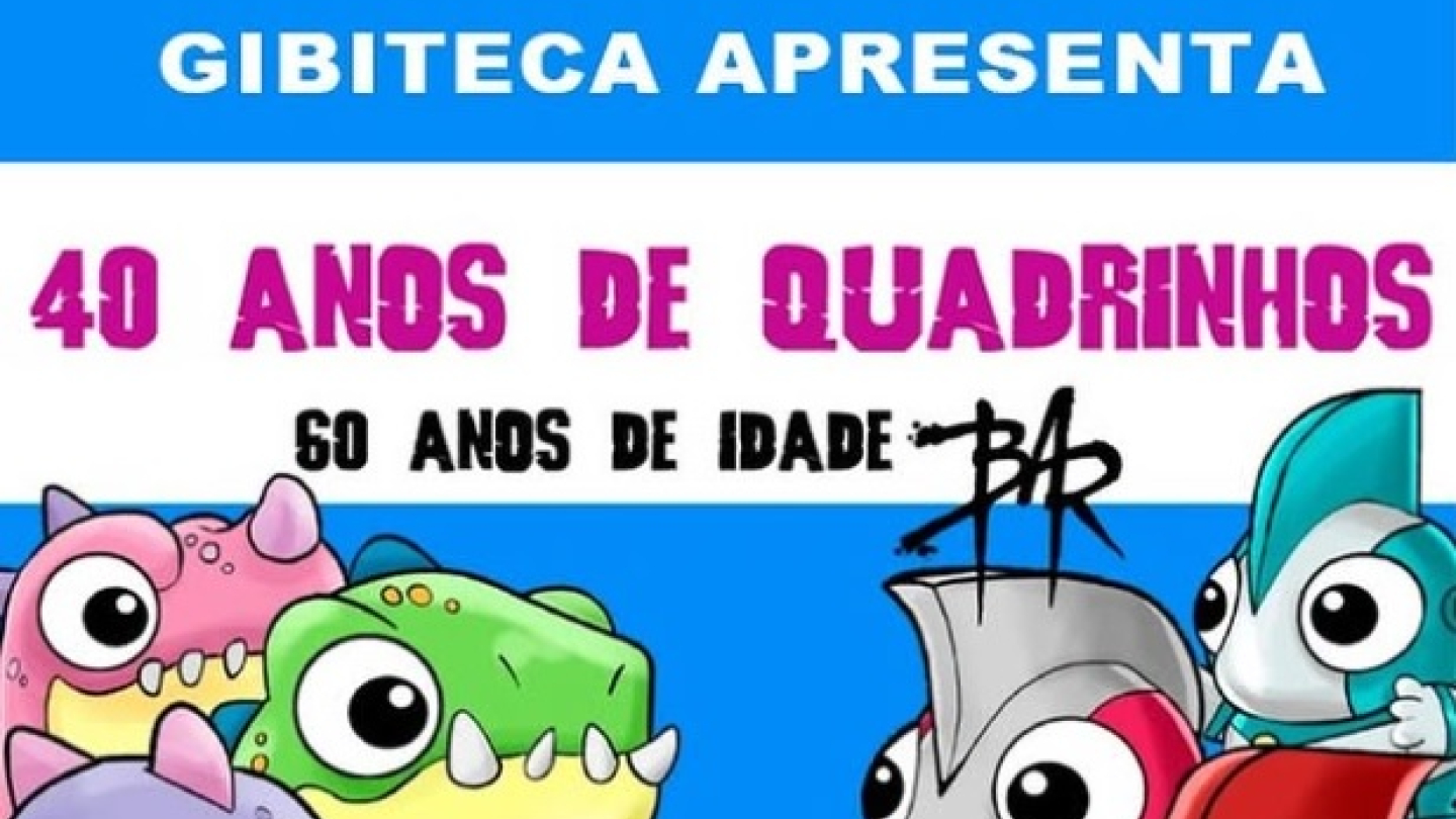 Cartaz de divulgação do evento "40 Anos de Quadrinhos", que acontece no sábado, dia 21 de fevereiro, com exposição, oficina e bate-papo na Gibiteca de Santos