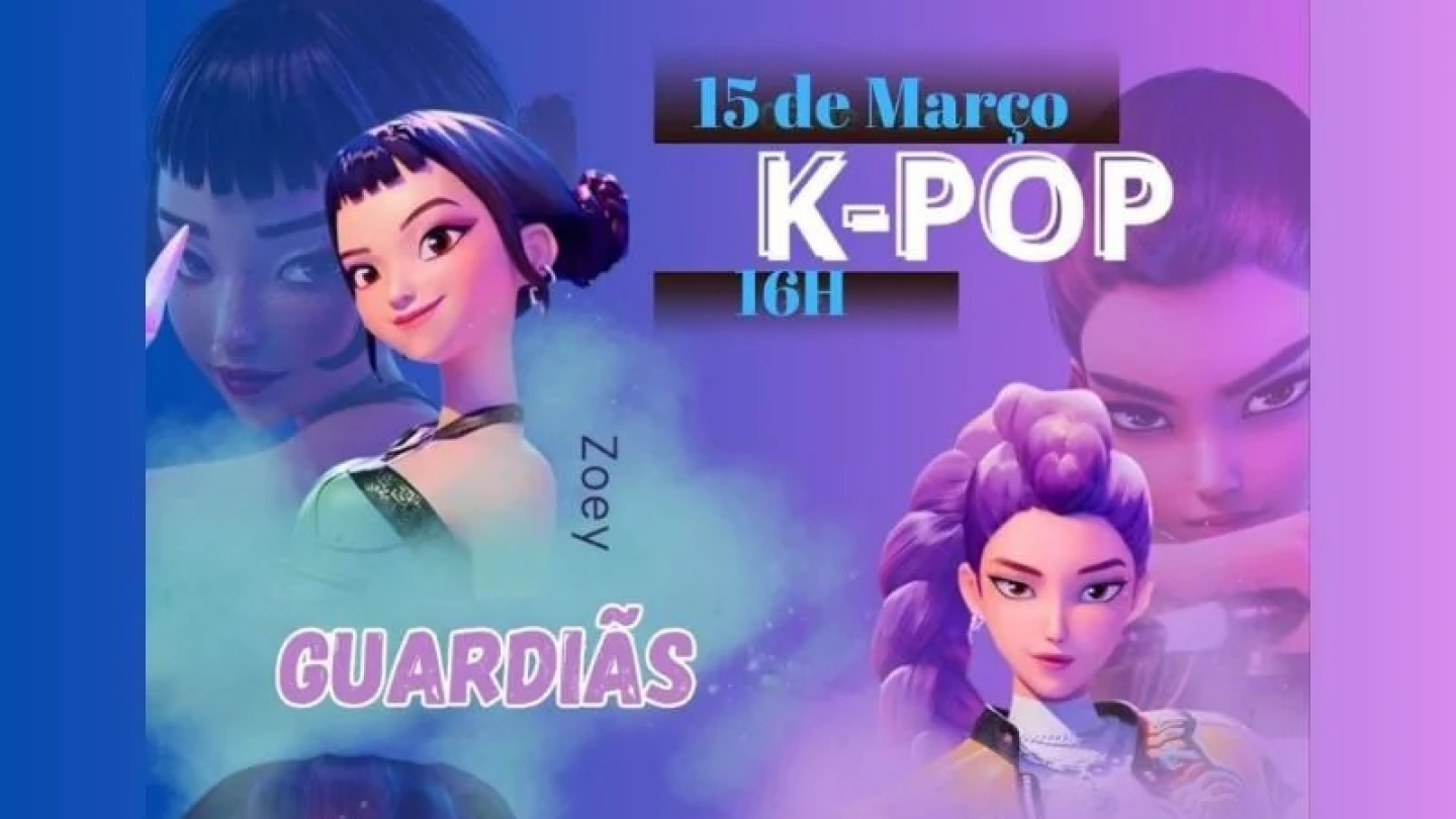 Cartaz promocional do espetáculo "Guardiãs K-Pop", que acontece no dia 15 de março às 16h no Centro Cultural Português, apresentando as personagens Zoey, Rumi e Mira