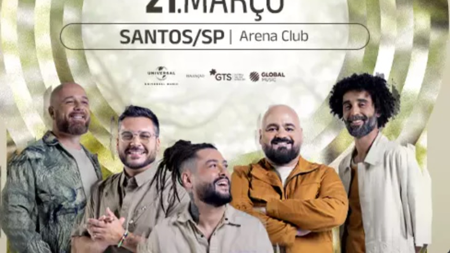 O cartaz anuncia o show da banda Maneva em celebração à Turnê 20 Anos Origem, que será realizado no dia 21 de março no Arena Club, em Santos