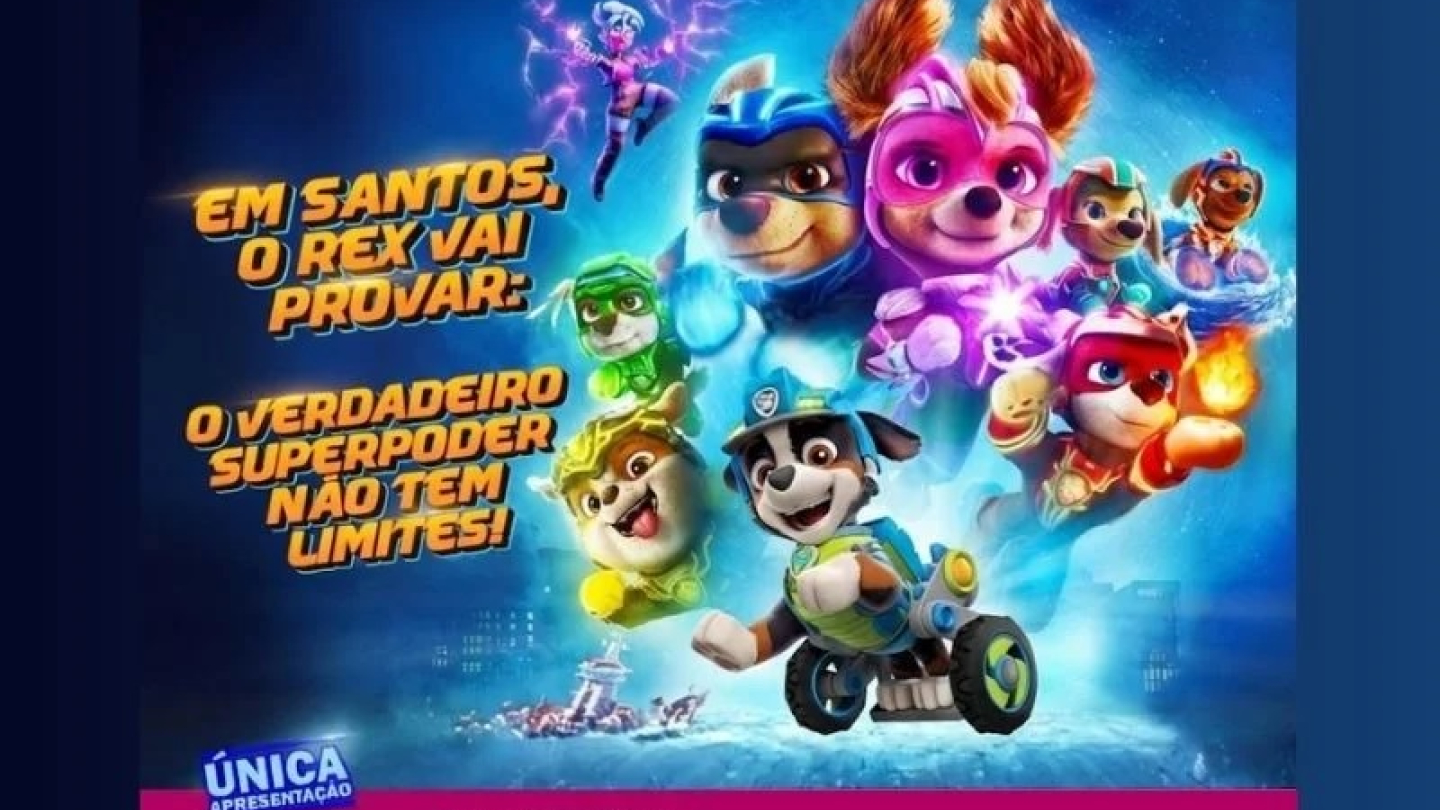 Cartaz do espetáculo infantil "Patrulha Pet: Os Super Poderosos", exibindo os personagens heróicos em trajes espaciais e detalhando a apresentação única no Teatro Guarany, em Santos, no feriado de 21 de abril às 11h