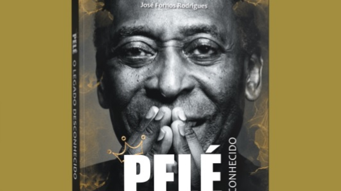 O banner promocional apresenta a capa do livro "Pelé: O Legado Desconhecido", escrito por Pepito (José Fornos Rodrigues), destacando um retrato em preto e branco do Rei do Futebol
