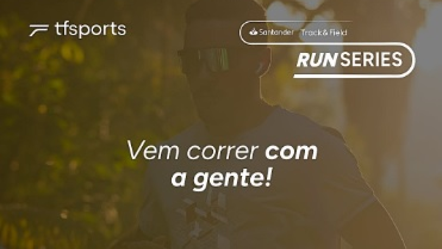 Anúncio da corrida Santander Track&Field Run Series, etapa Santos I, que acontecerá no dia 22 de março de 2026 com percursos de 5km, 10km e 21km