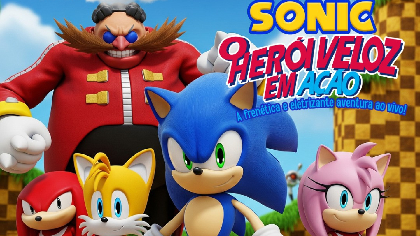 Cartaz do espetáculo teatral "Sonic: O Herói Veloz em Ação", destacando os personagens Sonic, Tails, Knuckles, Amy e Dr. Eggman, com detalhes sobre a única apresentação no Teatro Guarany, em Santos