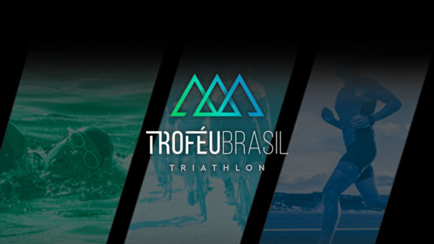 Logotipo do "Troféu Brasil Triathlon" sobreposto a uma composição visual que divide as três modalidades da prova: natação, ciclismo e corrida