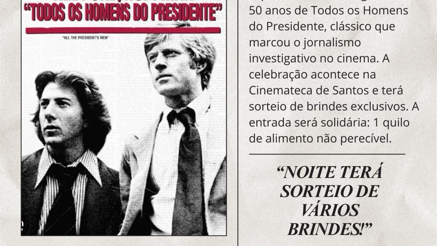 Cartaz de divulgação do evento de 17 anos do CineZen, que acontecerá no dia 20/03 na Cinemateca de Santos, com uma exibição especial do filme "Todos os Homens do Presidente"