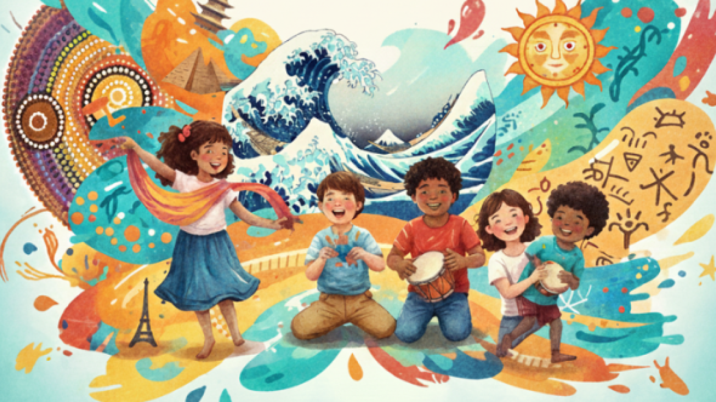 Ilustração vibrante e lúdica que celebra a diversidade cultural através de crianças brincando entre ícones artísticos e monumentos globais