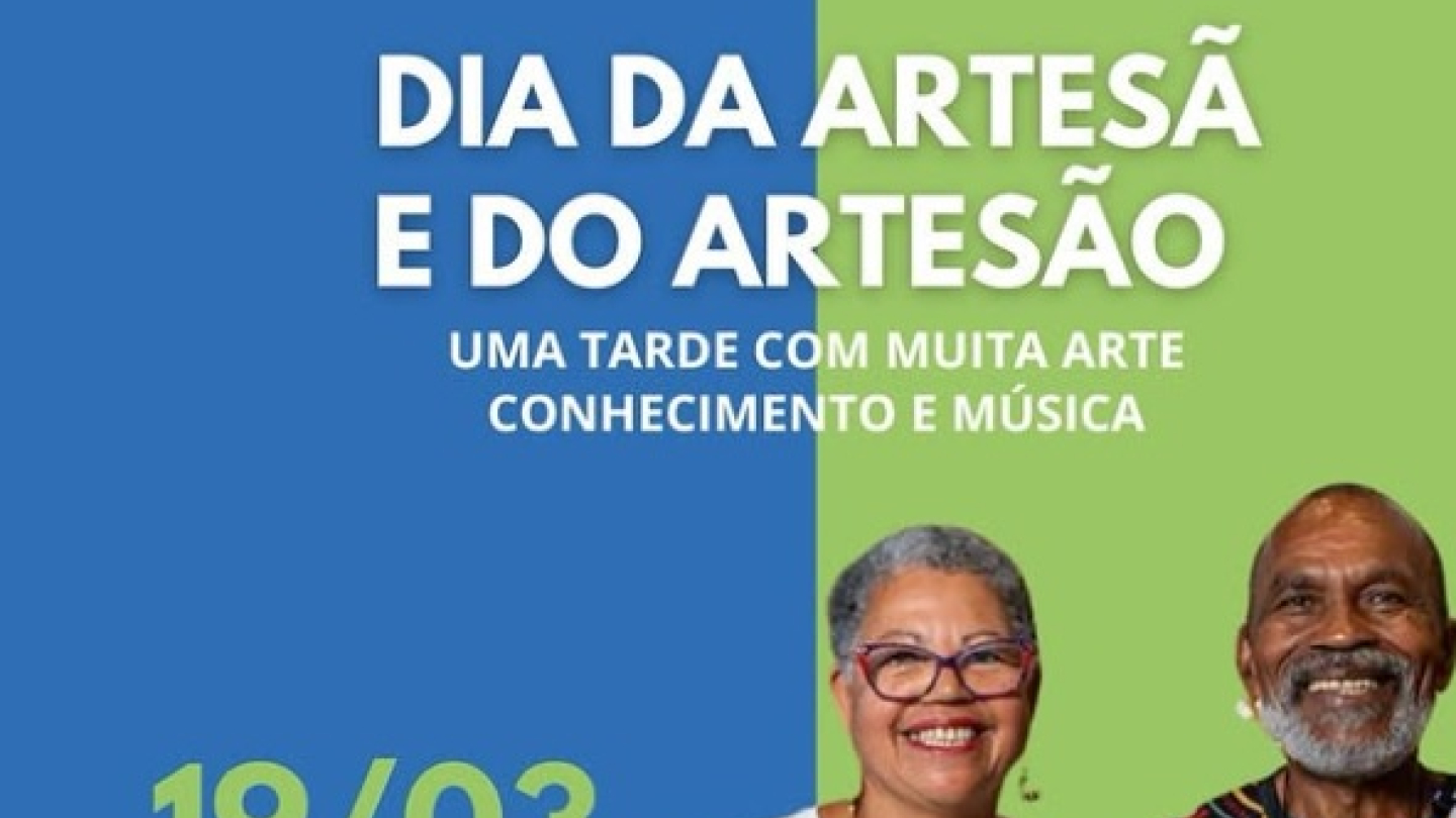 Cartaz de divulgação do evento "Dia da Artesã e do Artesão", que oferece uma tarde de arte e música no dia 19/03, às 14h, na Casa do Artesão em Santos