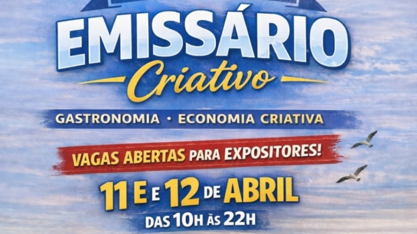 O cartaz anuncia o "Mega Bazar Emissário Criativo", com foco em gastronomia e economia criativa, que acontecerá nos dias 11 e 12 de abril, das 10h às 22h, exibindo uma vista aérea do Parque Municipal Roberto Mário Santini, em Santos