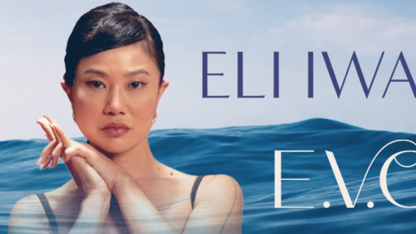 Anúncio do evento E.V.O com a DJ Eli Iwasa, programado para o dia 25 de abril, às 22 horas, no Parque Valongo, com uma arte que remete ao mar