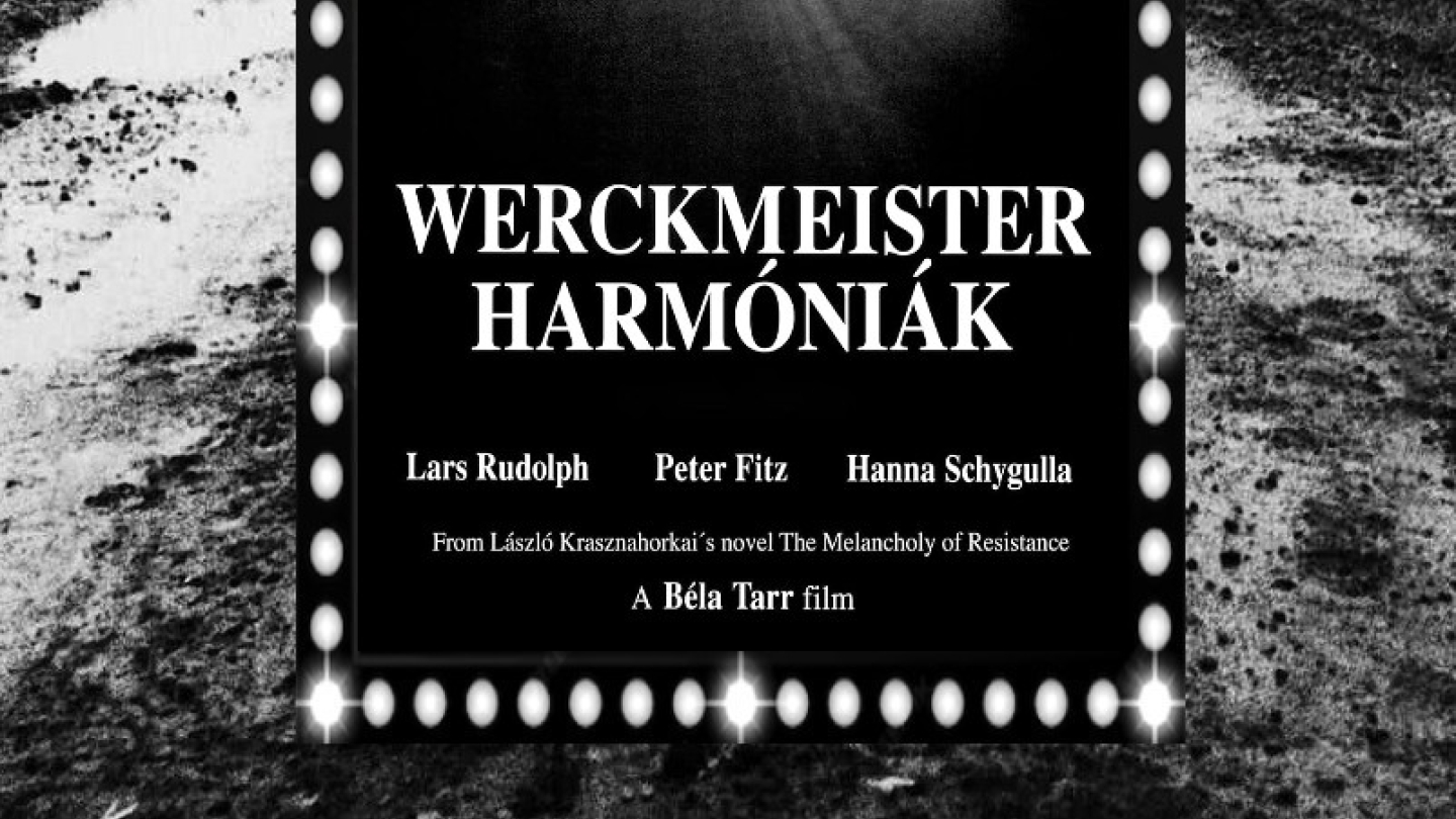 Cartaz de divulgação da Cinemateca de Santos para a exibição gratuita do filme Harmonias de Werckmeister no sábado, 25/4, como parte de uma homenagem ao diretor Béla Tarr