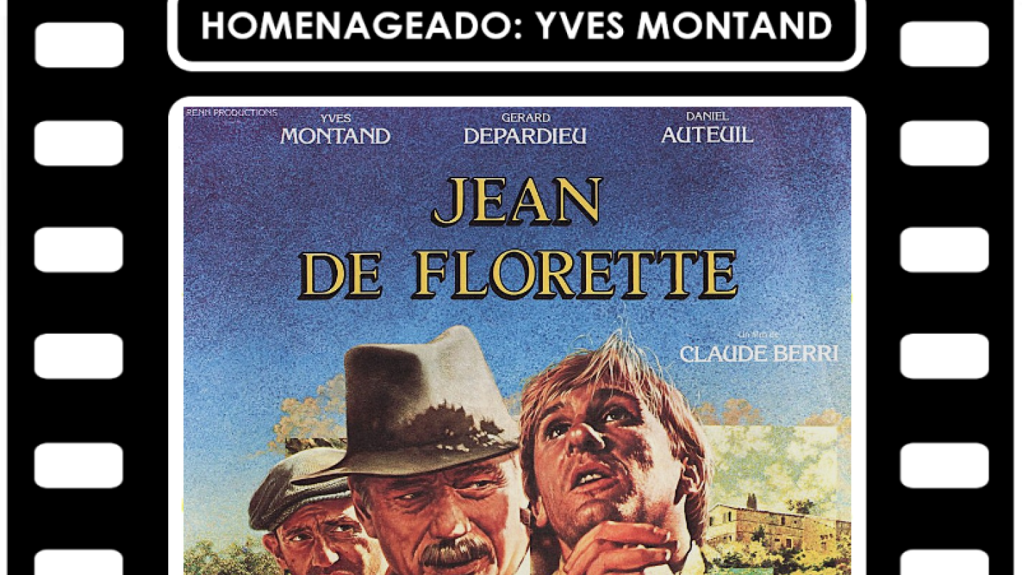 Cartaz de divulgação do evento "Cinema Francófono" na Cinemateca de Santos, destacando a exibição gratuita do filme Jean de Florette no dia 24/04 em homenagem ao ator Yves Montand