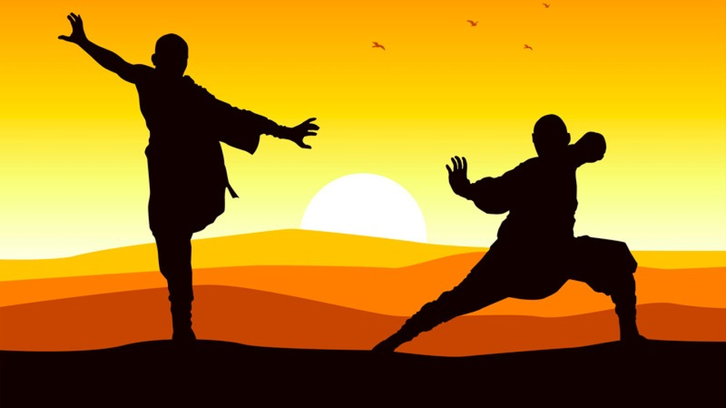 Silhuetas de dois lutadores de artes marciais praticando movimentos sobre dunas de areia contra o pôr do sol vibrante