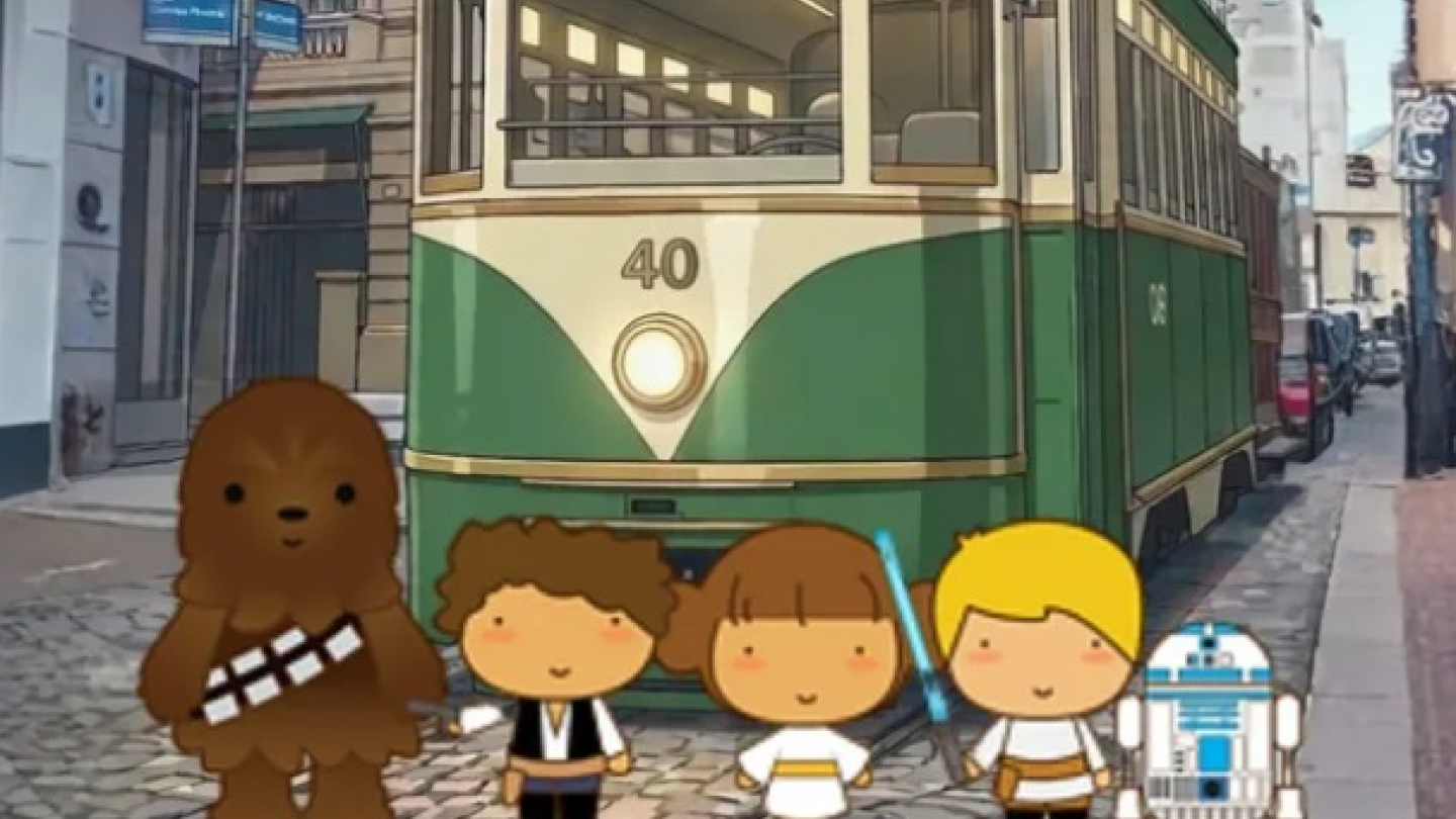 Um cartaz promocional com personagens de Star Wars em estilo "chibi" anuncia o evento Bonde Star Wars na cidade de Santos, marcado para o dia 2 de maio às 10h e 10h30