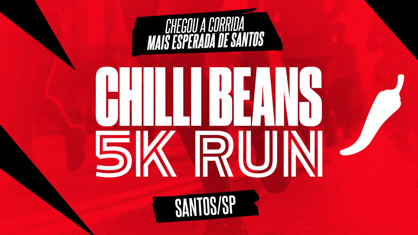 Cartaz promocional da corrida "Chilli Beans 5K Run" em Santos, São Paulo, apresentando uma estética vibrante em vermelho e preto com o ícone de uma pimenta