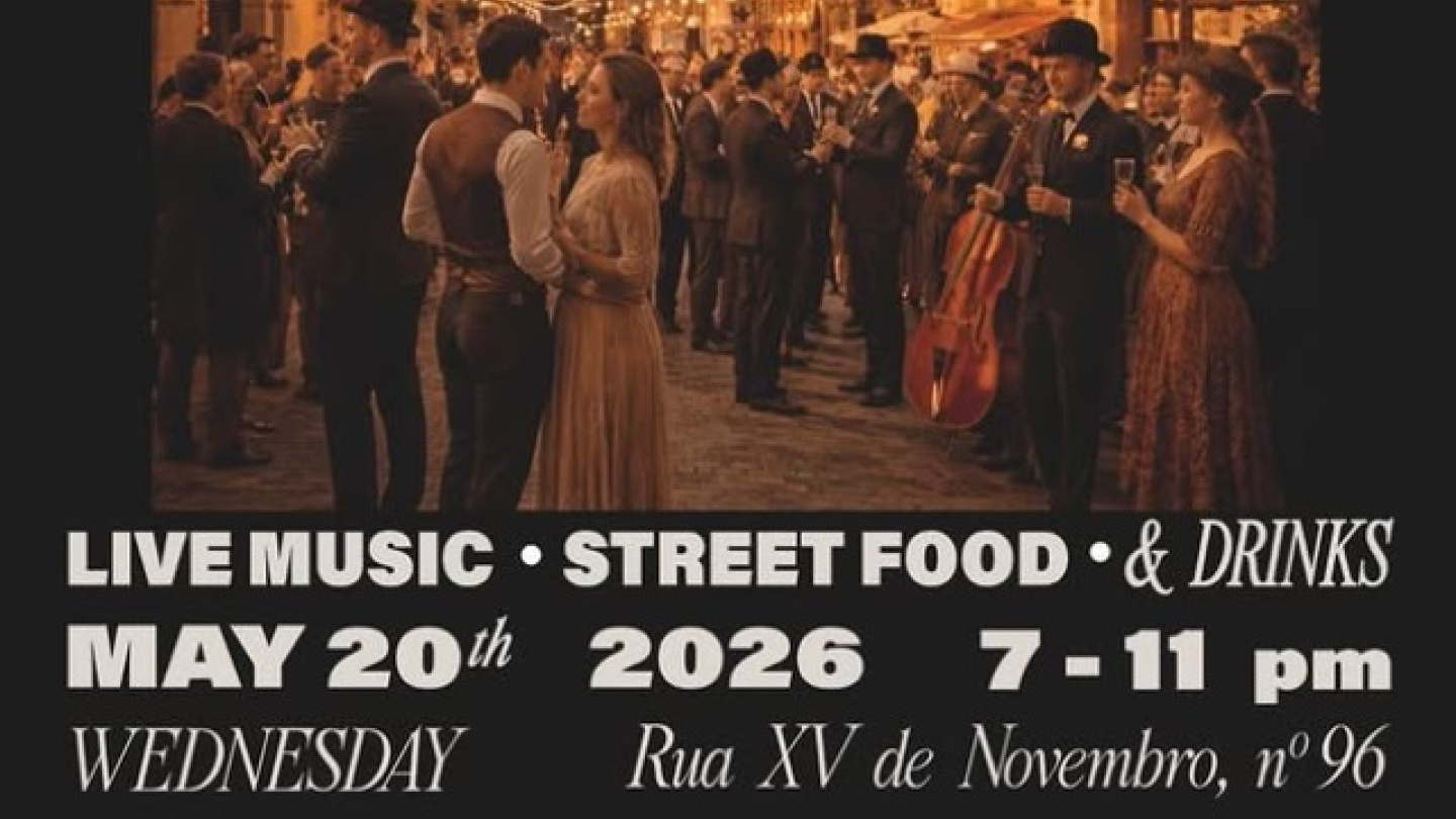 Cartaz do evento "Coffee Street Party" em celebração à herança do café em Santos, que acontecerá na Rua XV de Novembro em 20 de maio de 2026, com música ao vivo, comida de rua e bebidas