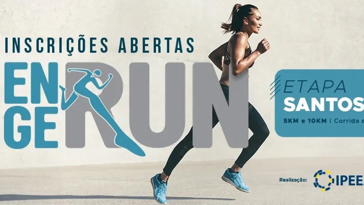 Banner da corrida "Enge Run" em Santos, apresentando uma mulher correndo ao lado das informações do evento marcado para o dia 25 de abril