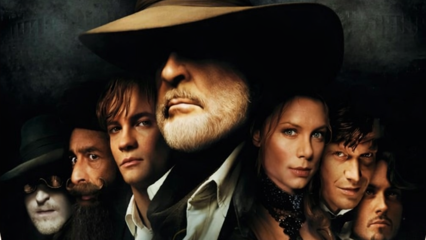 Cartaz de divulgação de uma parceria entre Steampunk Santos e Cinemateca de Santos para a exibição gratuita do filme A Liga Extraordinária no dia 26 de abril, às 19h